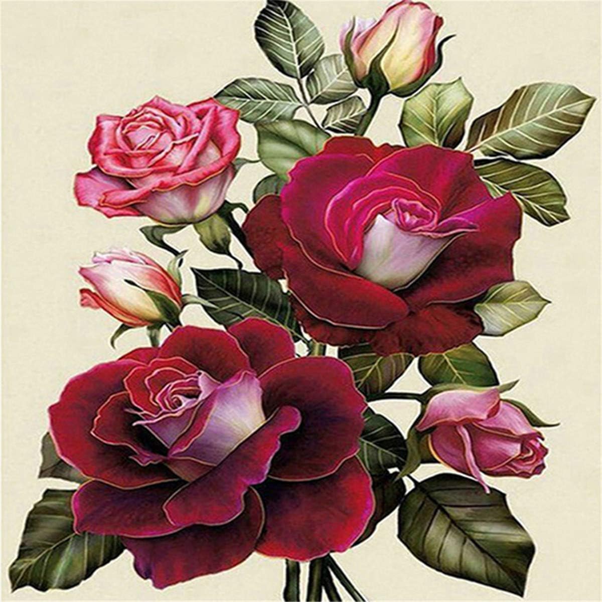 DIY 5D Diamond Painting by Number Kit, Full Drill Rose Flower Rhinestone Embroidery Cross Stitch Supply Arts Craft Canvas Wall Decor