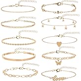 Hotalisona Gold Ankle Bracelets for Women, 10"+2" Extra Large Adjustable Anklets Beach Accessories Permanent Jewelry non Tarnish Free 14k Gold Plated Waterproof Jewlery Sets for Women(10pcs)