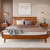 Bme Caden 15 Inch Deluxe Bed Frame with Adjustable Headboard - Mid Century, Retro Style with Acacia Wood - No Box Spring Needed - 12 Strong Wood Slat Support - Easy Assembly - Caramel, King