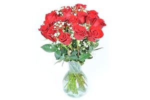 18 Red Roses + Baby's Breath in Glass Vase | Arabella Bouquets | Real Fresh Flowers for Delivery, Gift for Birthday, Congratulations, Anniversary