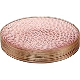 PLASTICPRO 30 Pack Hammered Plastic Plates Heavyweight Disposable Plastic Plates Elegant Clear Rim Platsic Party Dishes (Hammered Pink With Gold Rim, 7'' INCH PLATES)