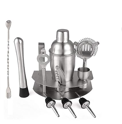 Okayji Stainless Steel Barware Cocktail Bar Tool Set Bartender Shaker Strainer Corkscrew, Bottle Opener, Jigger, Ice Tongs & Storage Rack, 12- Pieces