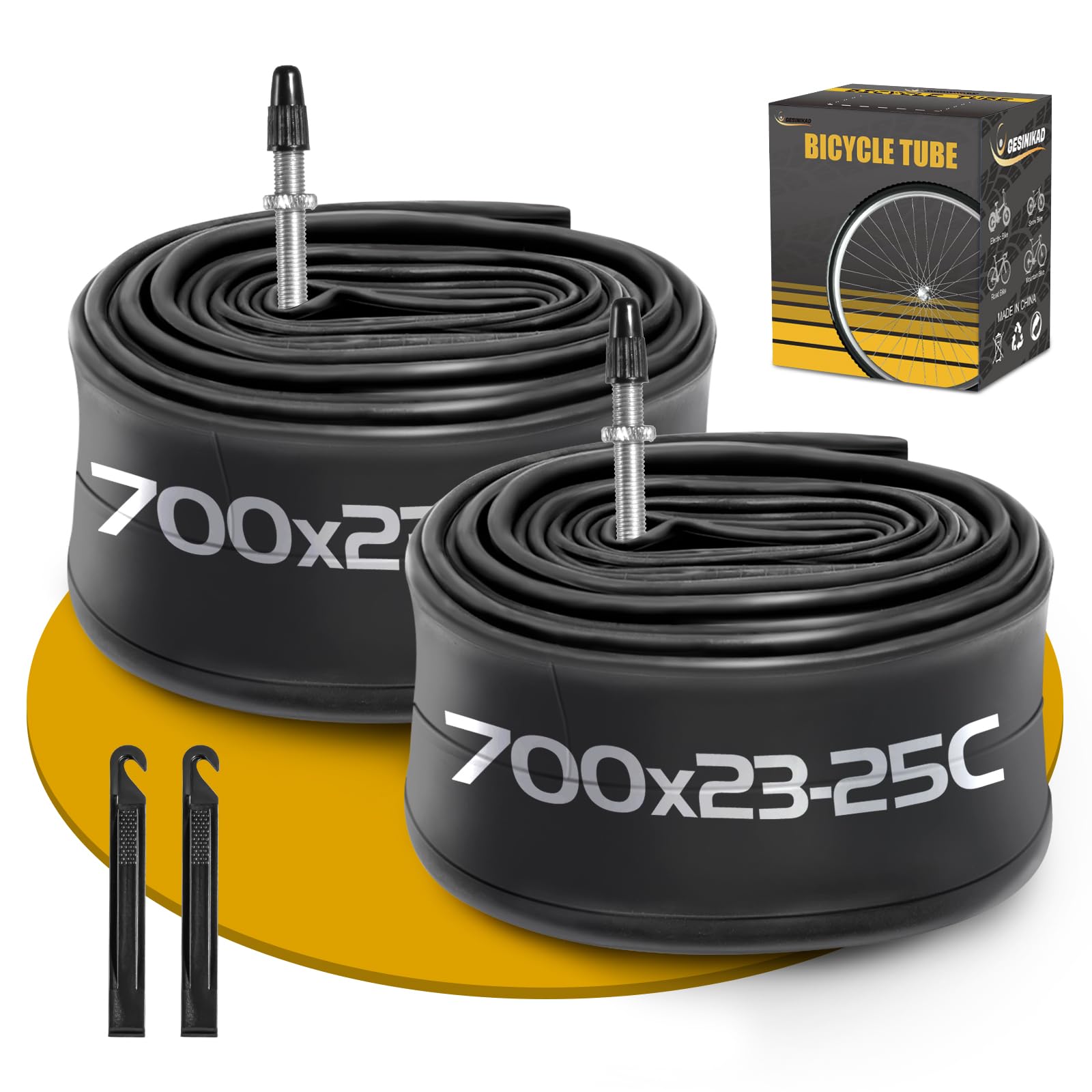 Photo 1 of 2 Pack 700 x 23-25C Road Bike Tubes, Bicycle Tube Compatible with 700 x 23C/24C/25C Bike Tire, Butyl Rubber Inner Tube with 2 Tire Levers for Road Bike