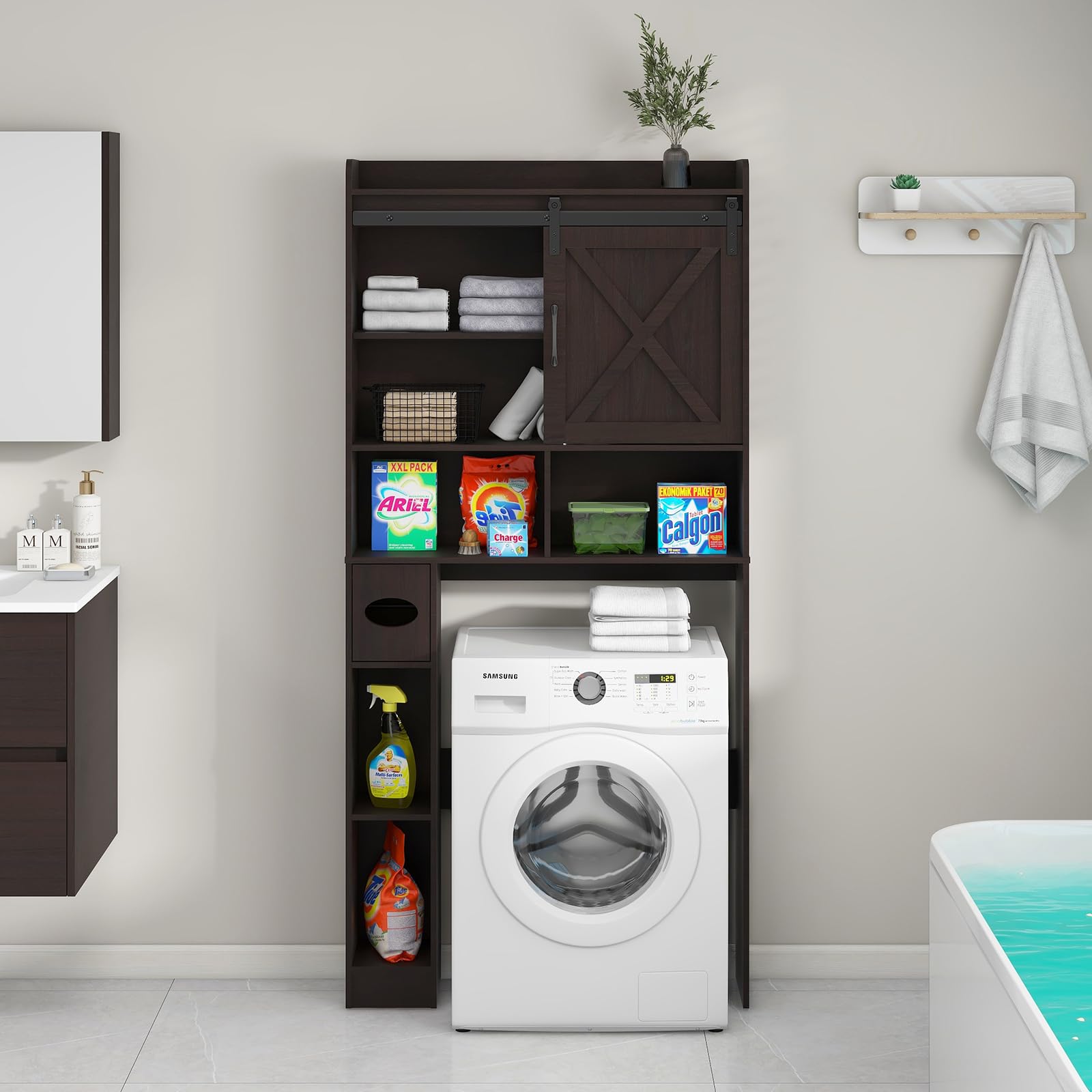 Over The Toilet Storage Cabinet With Sliding Doors - Farmhouse Style Bathroom Organizer With Paper Holder