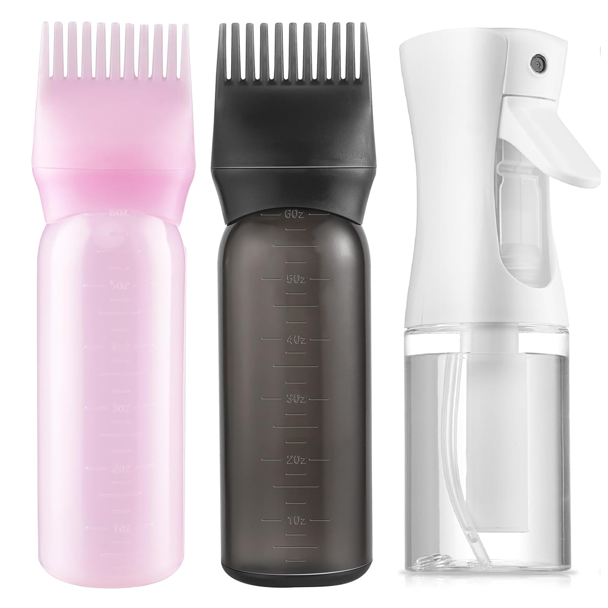 200ml Black & Pink Reusable Plastic Hair Oiling & Dye Application Bottle with Mist Spray & Continuous Spray, 3.2