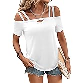 Bliwov Womens Cold Shoulder Tops Short Sleeve Cute Sexy Summer Spring Beach Vacation T Shirts Fashion Outfits Basic Clothes