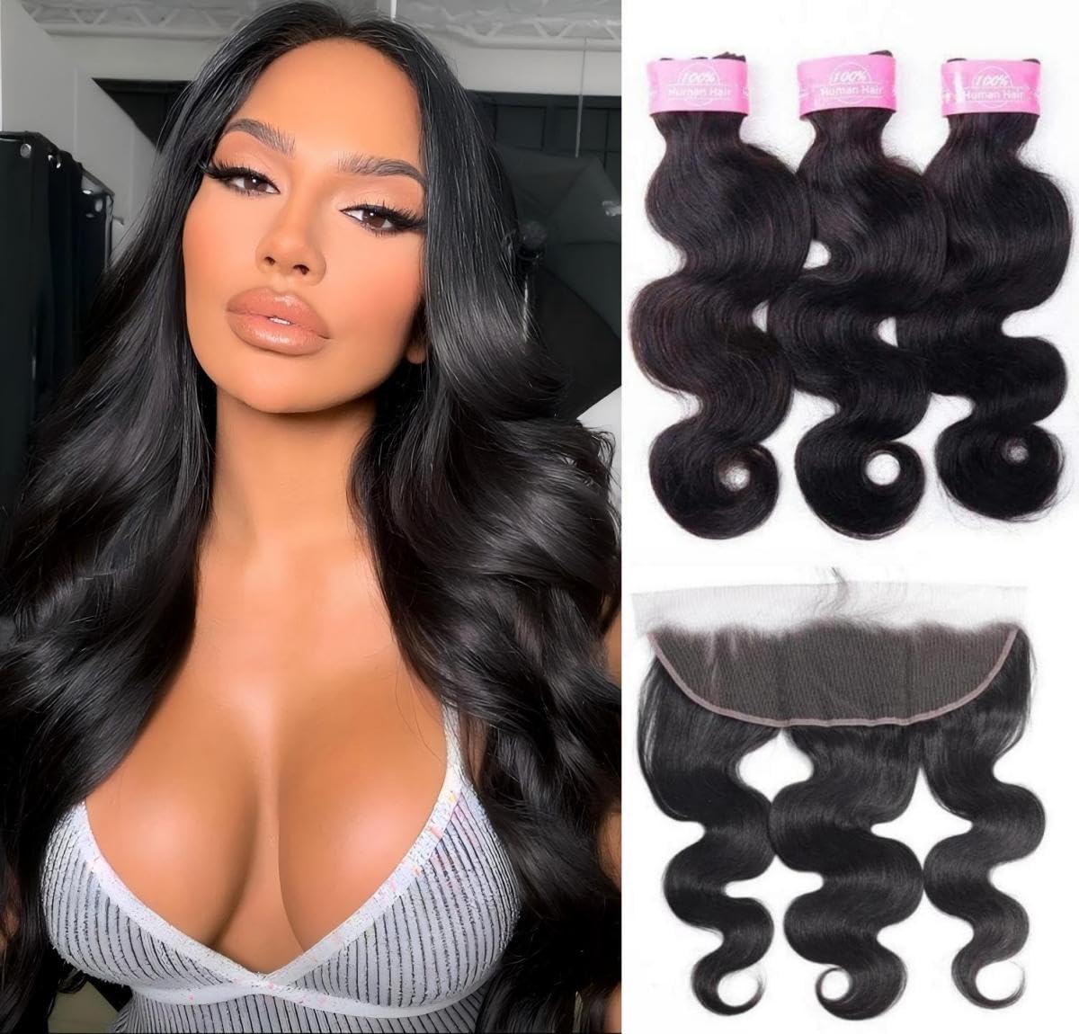 Sexycat Body Wave Bundles with 13x4 HD Lace Frontal Human Hair 16 18 20+14 Inch 100% Unprocessed Brazilian Virgin Hair Extensions Weave Weft Bundles with Lace Frontal