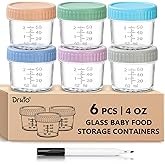 DRKIO 6 Pack Glass Baby Food Storage Containers - 4 Oz Baby Food Jars with Lids Baby Food Maker Microwave Dishwasher Freezer 