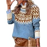 GORGLITTER Women's Color Block Cozy Cute Fall Sweaters Trendy Chevron Long Sleeve Turtleneck Chunky Cable Knit Sweater