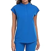 VECARDI Medical Scrub Tops for Women Zipper Front and Four Way Stretch Shirts Short Sleeves Top with Two Side Pockets