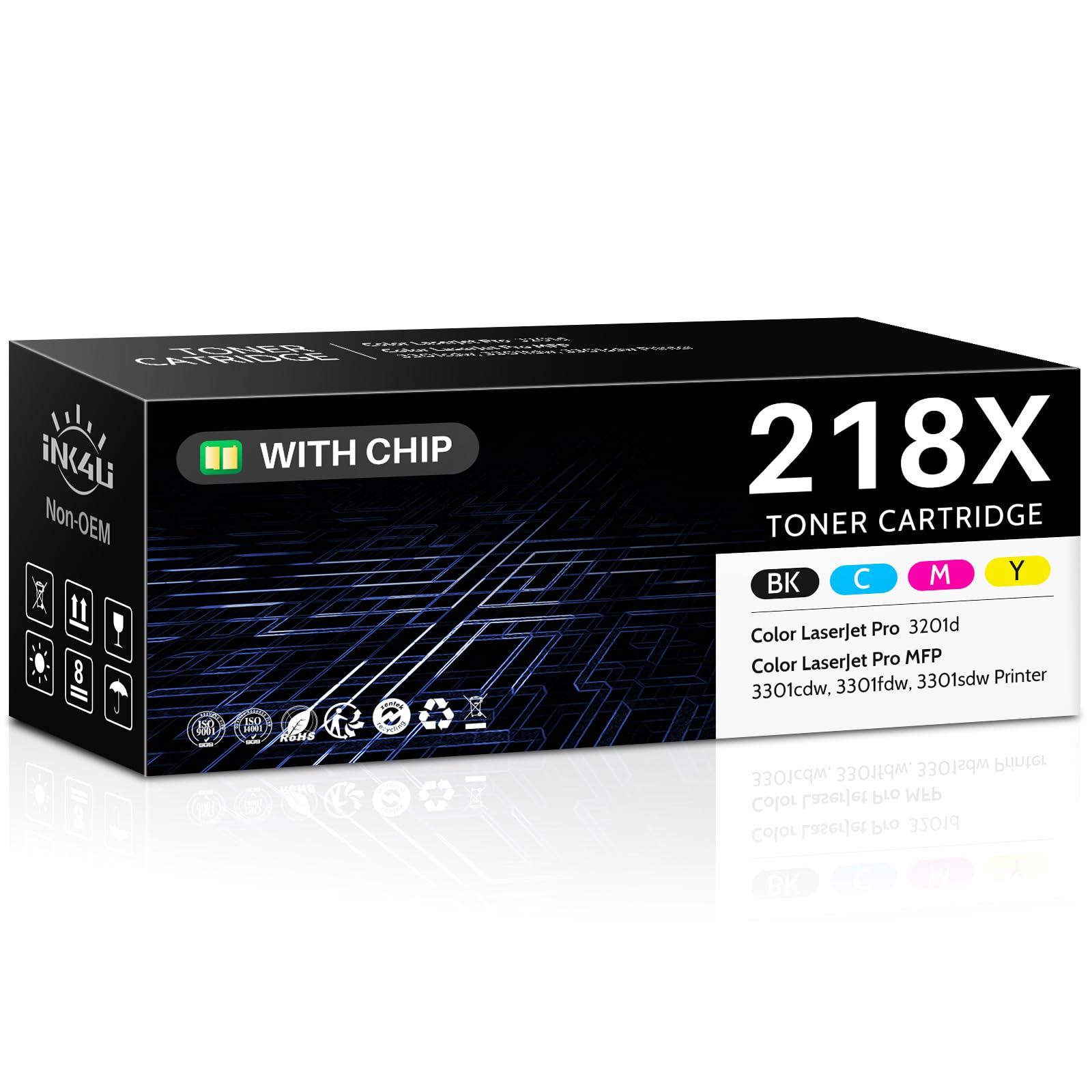 Photo 1 of 218X Toner Cartridges 4 Pack (with Chip) Compatible Replacement for HP 218X W2180X 218A W2180A Toner for HP Color Laserjet Pro 3201dw, MFP 3301cdw, 3301fdw, 3301sdw Printer (B/C/M/Y, High-Yield)
