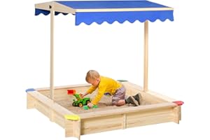 Outsunny Kids Wooden Sandbox with Cover, Play Sand Station for Children Outdoor Sand Box, with Seats, for Backyard, Beach, 47