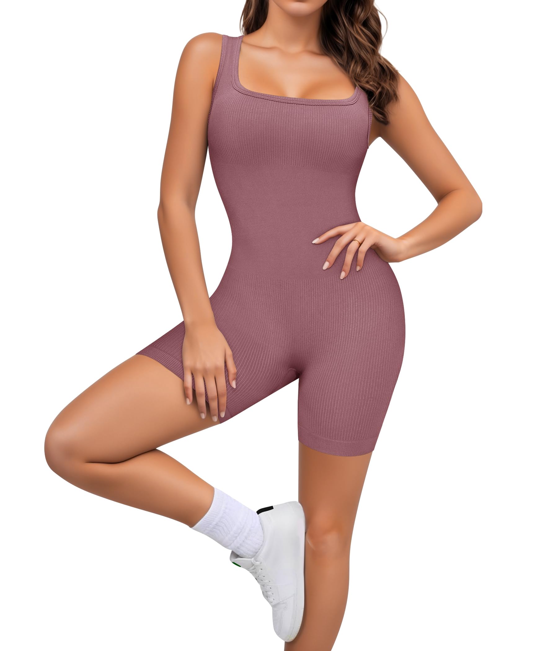 Photo 1 of TrainingGirl Women Square Neck Jumpsuits Ribbed Workout Bodysuit Sports Romper Shorts One Piece Outfits Seamless Yoga Bodycon (Dusty Rose, Small)