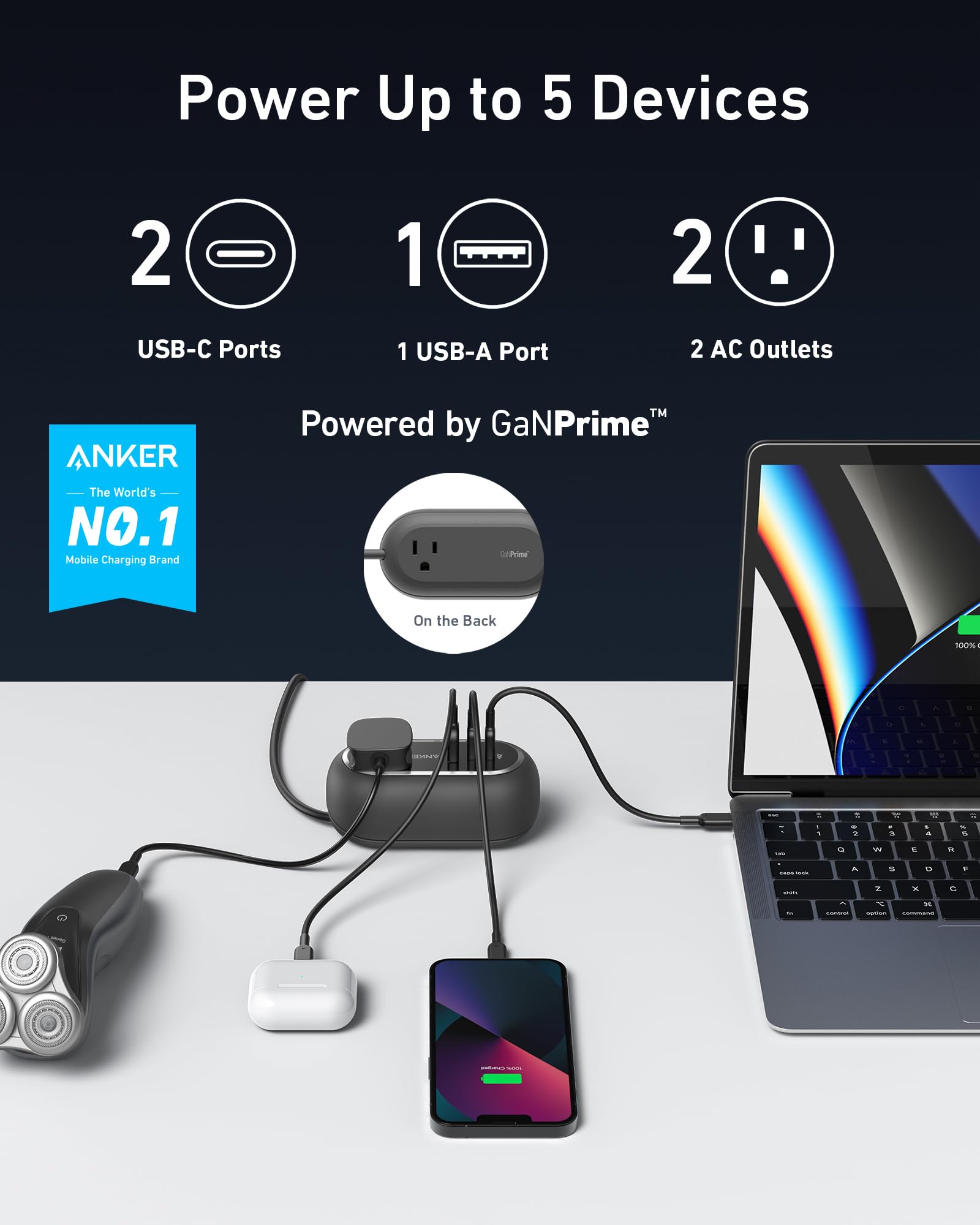 Anker GaNPrime 65W Charging Station, 3ft, 615 USB-C 5-in-1 Power Strip for Travel and Work with 2AC, 2 USB-C, 1 USB-A, Power Delivery for iPhone 16/16 Plus/16 Pro/16 Pro Max, and More