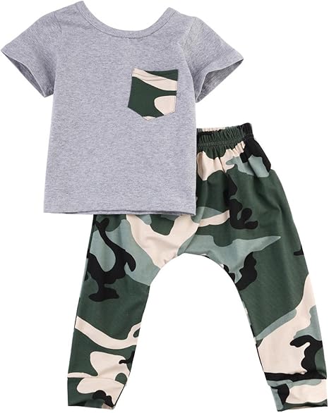 Amazon Co Jp ベビー 男の子 夏の服 Tシャツ ズボン ２点 セット 迷彩服 ロングパンツ ファション カコイイ 2色 深緑 灰緑 服 ファッション小物
