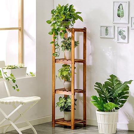 4 Tiers Holz Blume Pflanzen Racks Regal Garten Pflanzen Display Fur Pflanzen Blumentopf Rack Stand Holz Garten Ablage Fur Outdoor Indoor Wohnzimmer Buro Balkon Braun 33x28x120cm Amazon De Kuche Haushalt