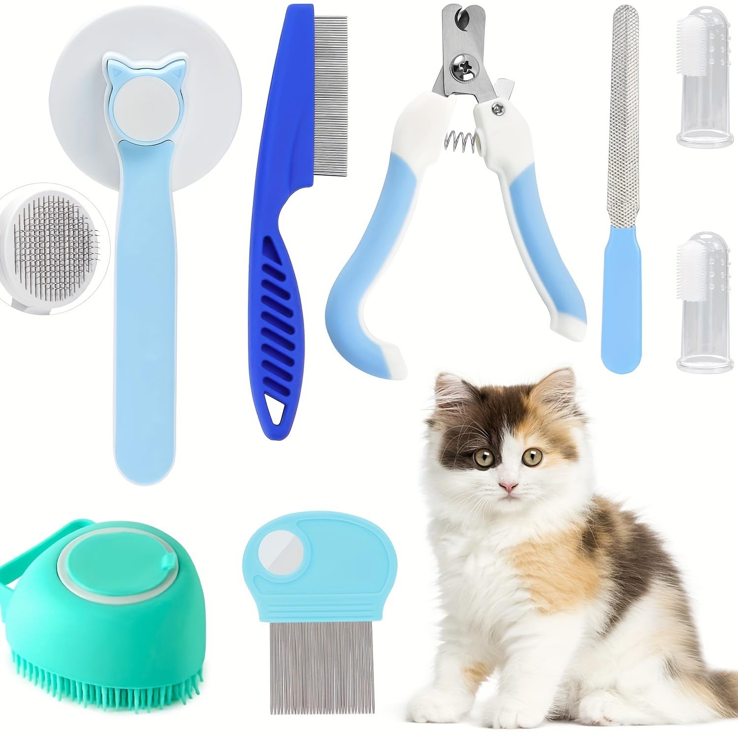 Cosyhomes 8 Pack Pet Grooming Kit - Soft Slicker Brush, Cat & Dog Brush, Pin, Flea Comb, Nail Clippers, File - Professional Set for Cats & Dogs (Blue)