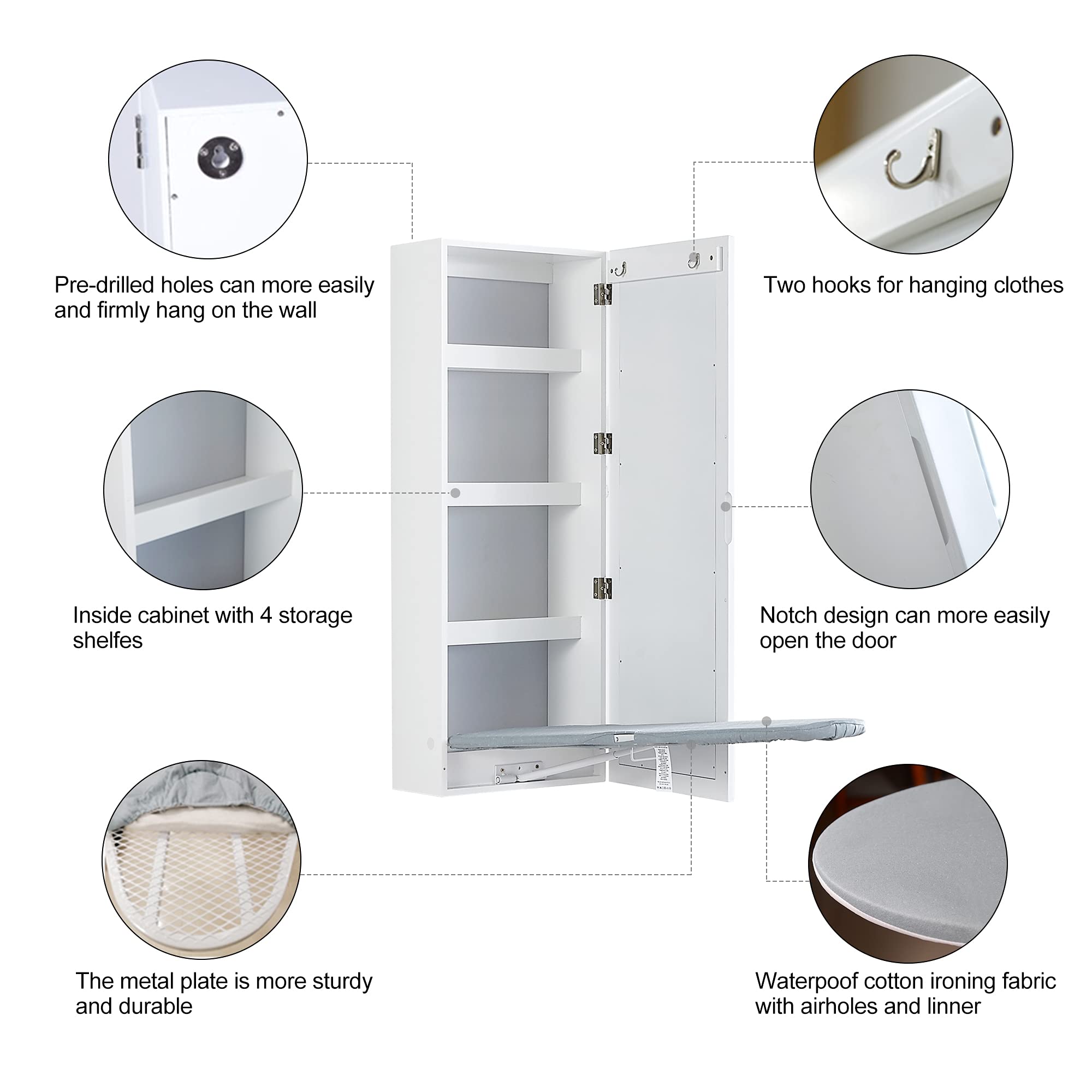 Facilehome Wall Mounted Ironing Board Cabinet, Built in Foldable Ironing Board Closet with Storage, Mirror Door, White