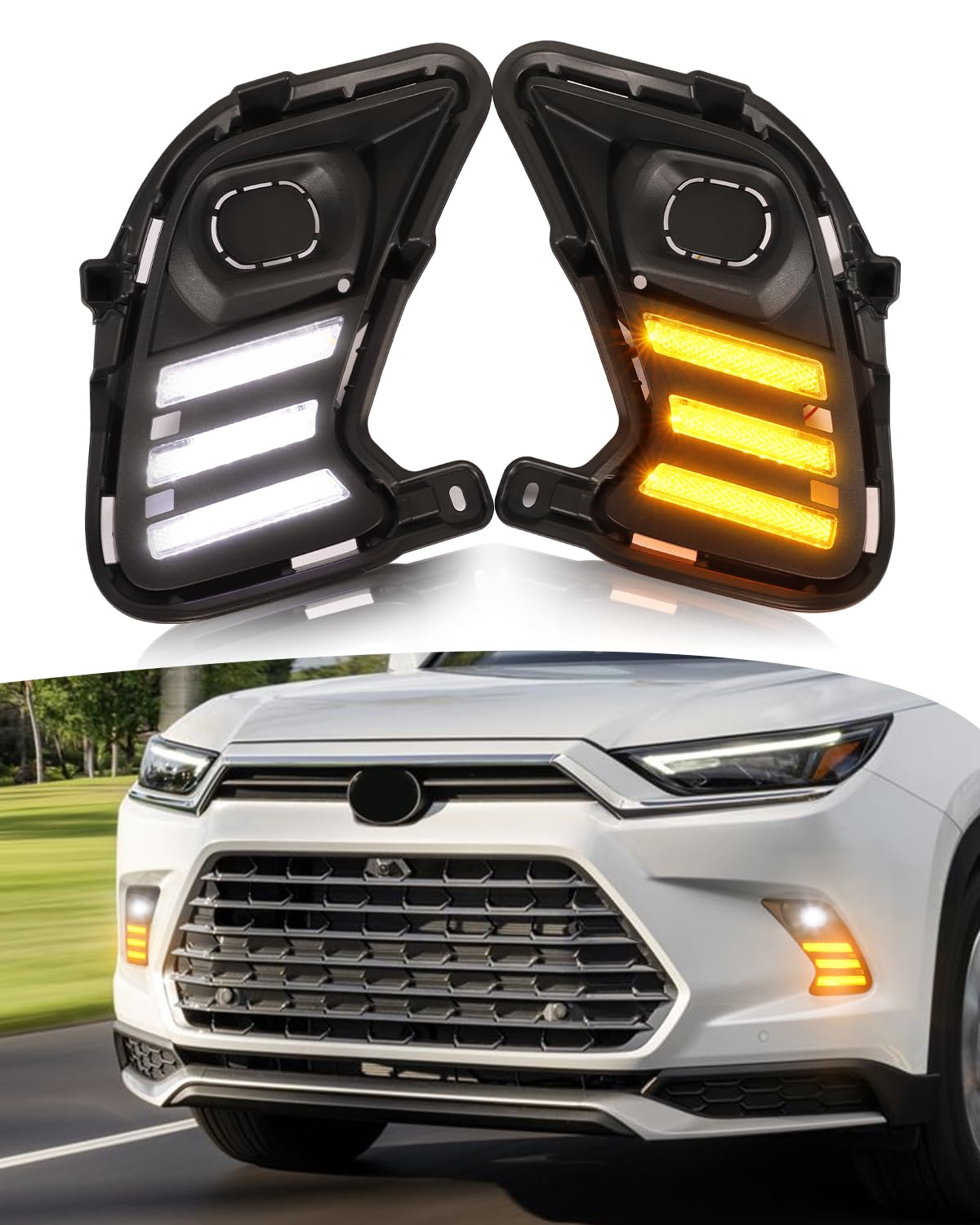 Photo 1 of LED Fog Lights Bezel Assemblies for 2023 2024 2025 Toyota Grand Highlander DRL Daytime Running Lights Amber Turn Signal Fog Lamps Cover