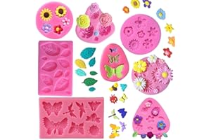 KULENAND Silicone Cake Mold Set -8 Pcs, Rose Butterfly Daisy Rose Leaf and Mini Flowers Fondant Candy for Chocolate Polymer C