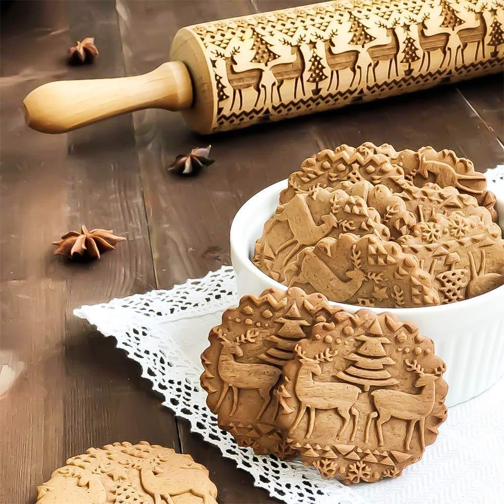 Christmas Wooden Rolling Pins, Xmas 3D Reindeer Shape Decor Embossing Rolling Pin,Christmas Patterned Rolling Pin Baking Tools (Christmas Reindeer)