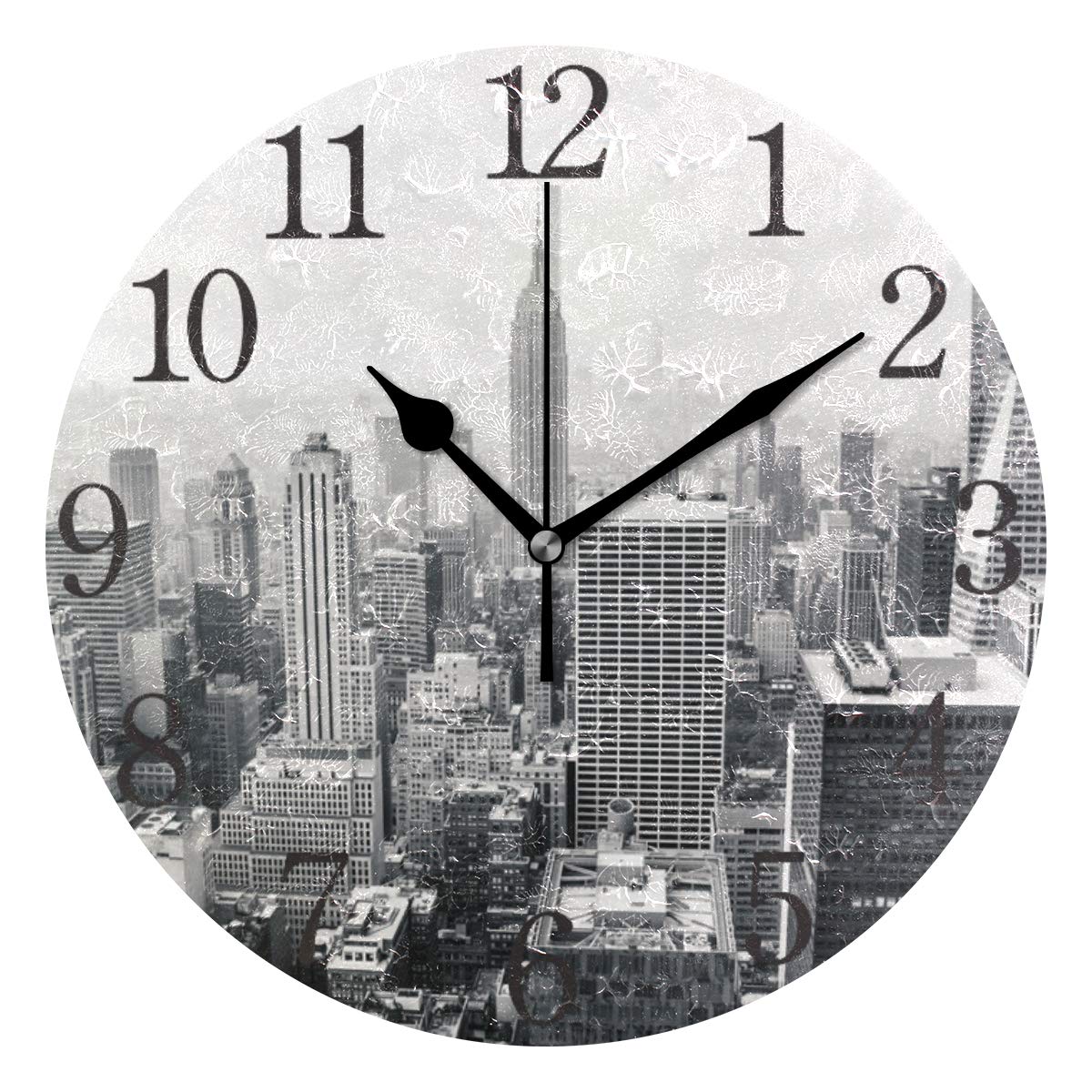 AABAO New York City Round Wall Clock, Silent Non Ticking Oil Painting for Bedroom Living Room Office School Home Decor