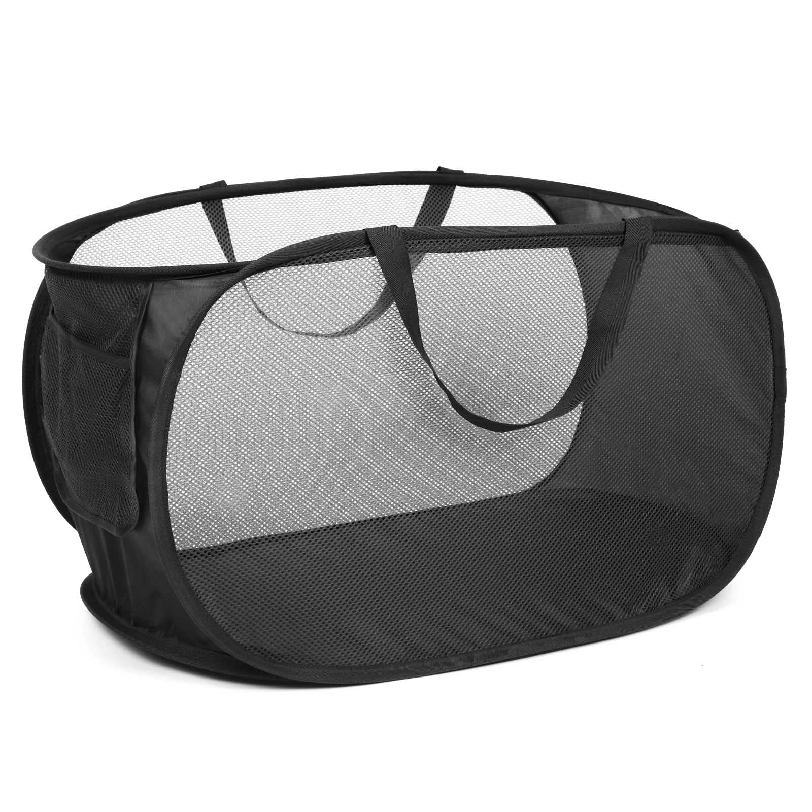 Photo 1 of Durable Collapsible Laundry Baskets, Mesh Pop Up Laundry Hamper with Side Pocket, Foldable Clothes Storage Hamper with Reinforced Carry Handles for Laundry, Bathroom, Kids Room, Dorm or Travel Black