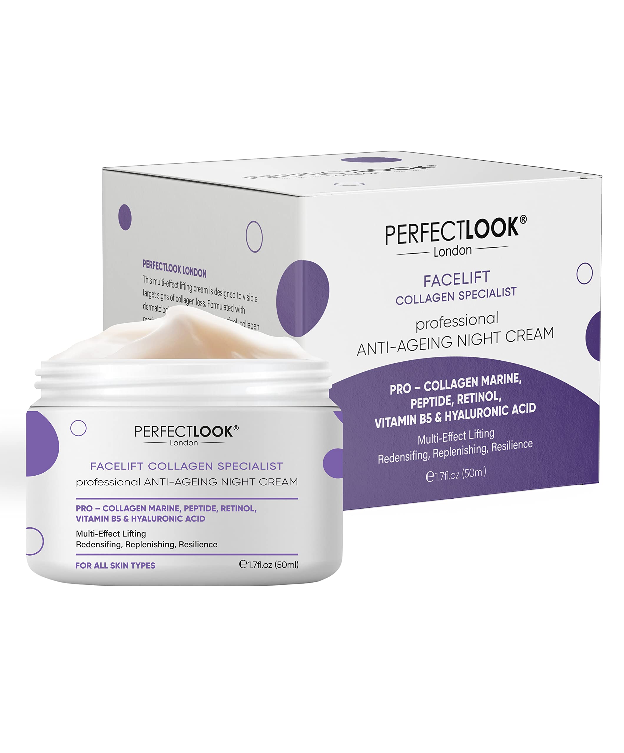 Perfect Look London Collagen Specialist, Night Face Cream with 0.3% Retinol, Collagen Marine, Peptide, Hyaluronic Acid and Vitamin B5, Firm and Tone, Anti Wrinkle Cream 50ml
