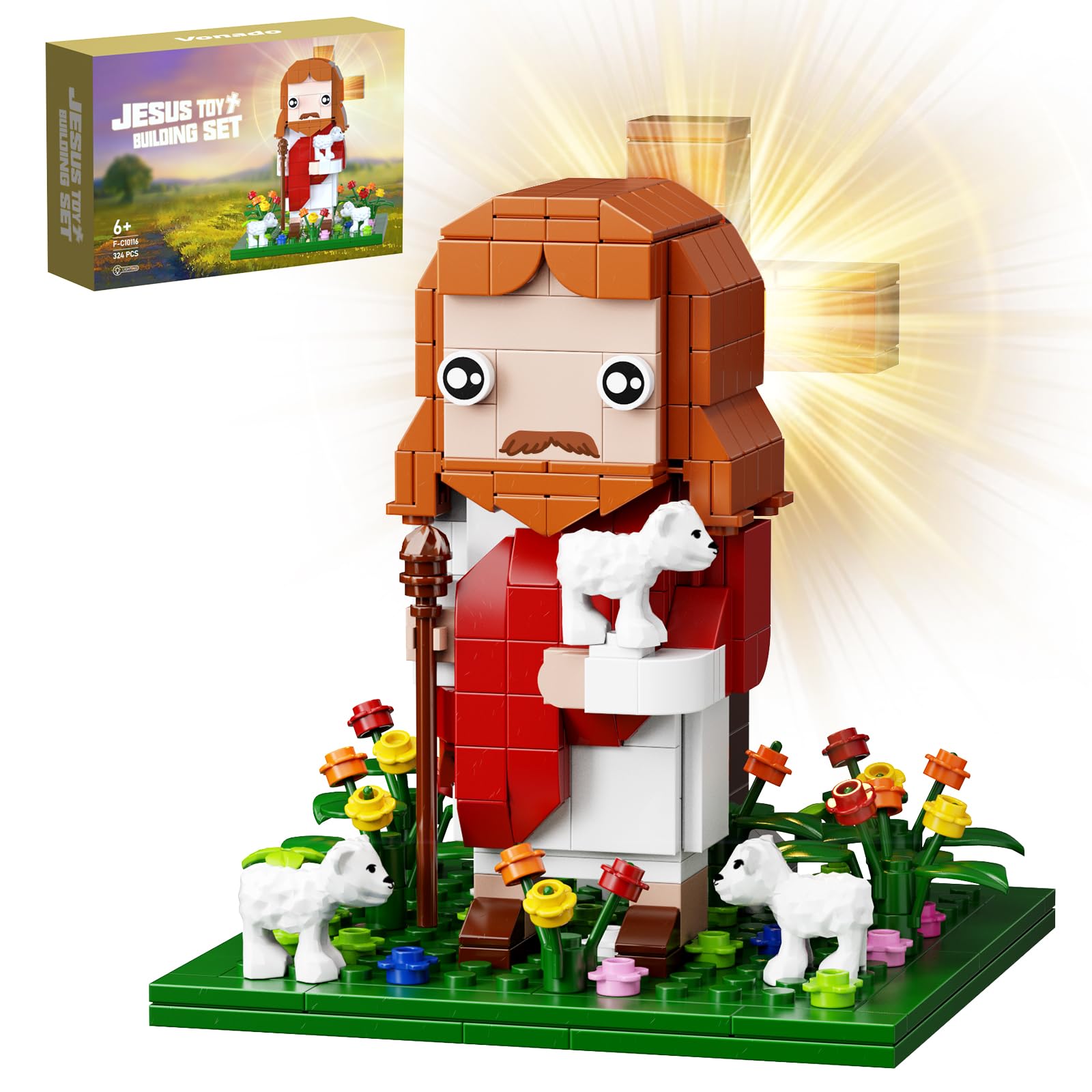 Millionspring Jesus Building Block Set with Light,Jesus Figure Toy Model,Bible Story Jesus Figures Home Chapel Decor,The Shepherd God,Easter Christian Gifts for Kids,Adults(324PCS)