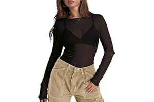 WIHOLL Mesh Sheer Long Sleeve Tops Women Lace Sexy See Through T Shirts Women Mock Neck Y2K Shirts Layering Blouses
