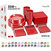 350 Pcs Red Plastic Plates For Party, Red Disposable Plates Set, 50 Of Each 9" Dinner Plate Set, 7" Dessert Plate, Cups, Napkins & Cutlery Plastic Dinnerware Set Exquisite