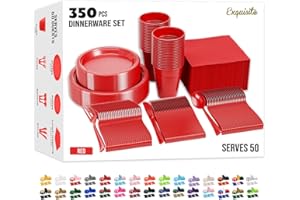 Party Solids 350 Pieces Red Plastic Plates For Party, Red Disposable Plates Set, 50 Of Each 9" Dinner Plate Set, 7" Dessert P