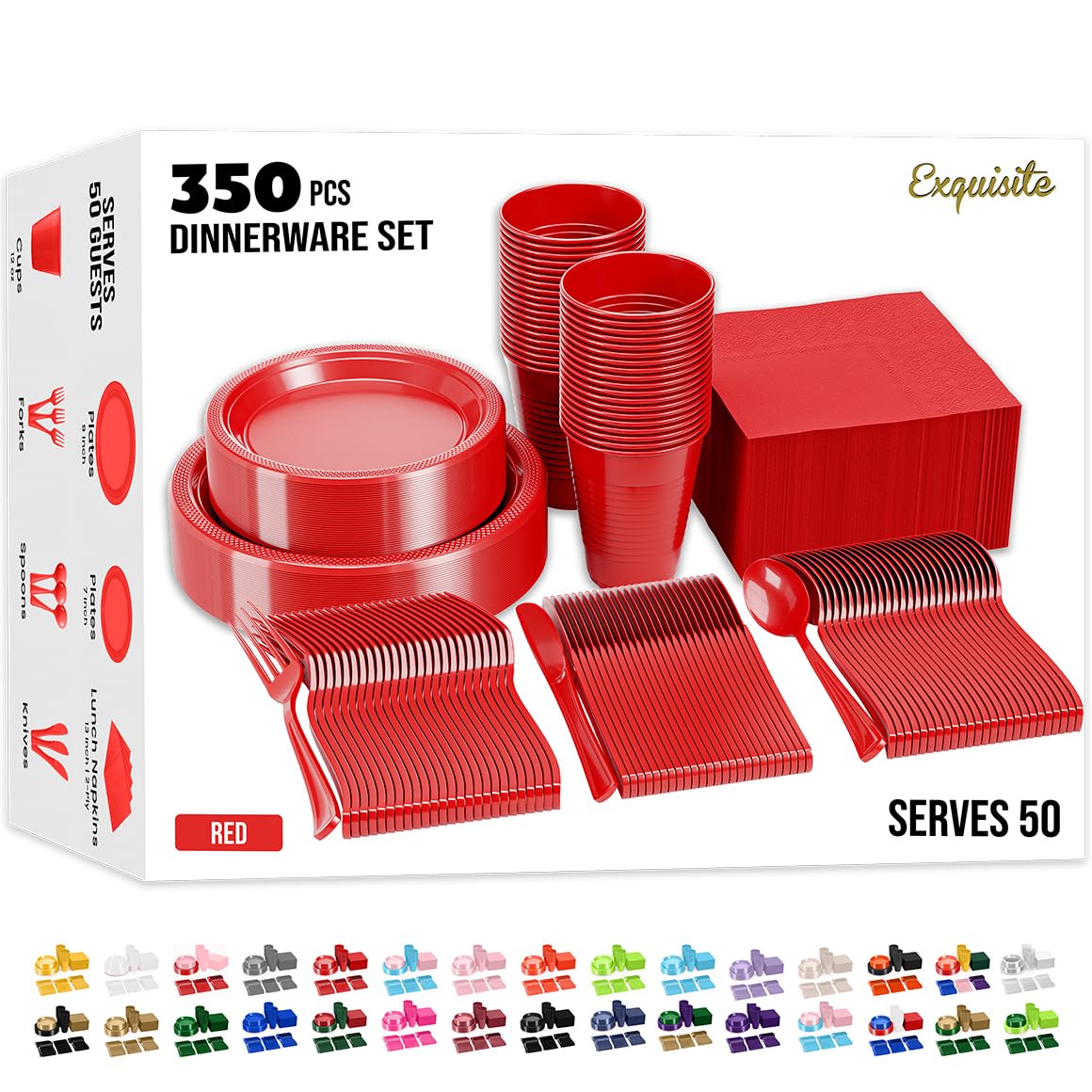 350 Pcs Red Plastic Plates For Party, Red Disposable Plates Set, 50 Of Each 9" Dinner Plate Set, 7" Dessert Plate, Cups, Napkins & Cutlery Plastic Dinnerware Exquisite Image