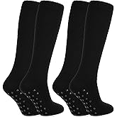 Janmercy 2 Pairs Non Slip Crew Socks Hospital Socks with Grips Cozy Fuzzy Slipper Knee High Stocking for Women, Men