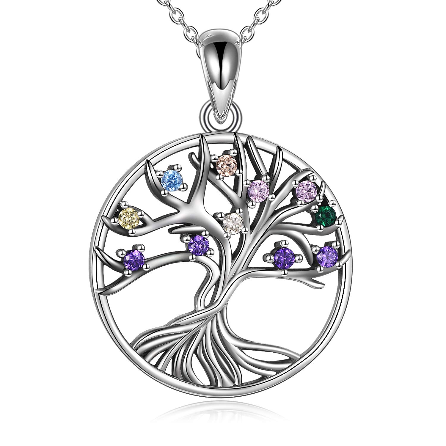 VONALA Tree of Life Necklace 925 Sterling Silver Colourful Cubic Zirconia Family Tree Pendants Jewellery Gifts for Women Wife Mum