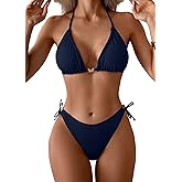 Eomenie Ribbed Bikini Sets for Women Sexy Halter Triangle Top Two Piece Bathing Suit Tie Side Swimsuit