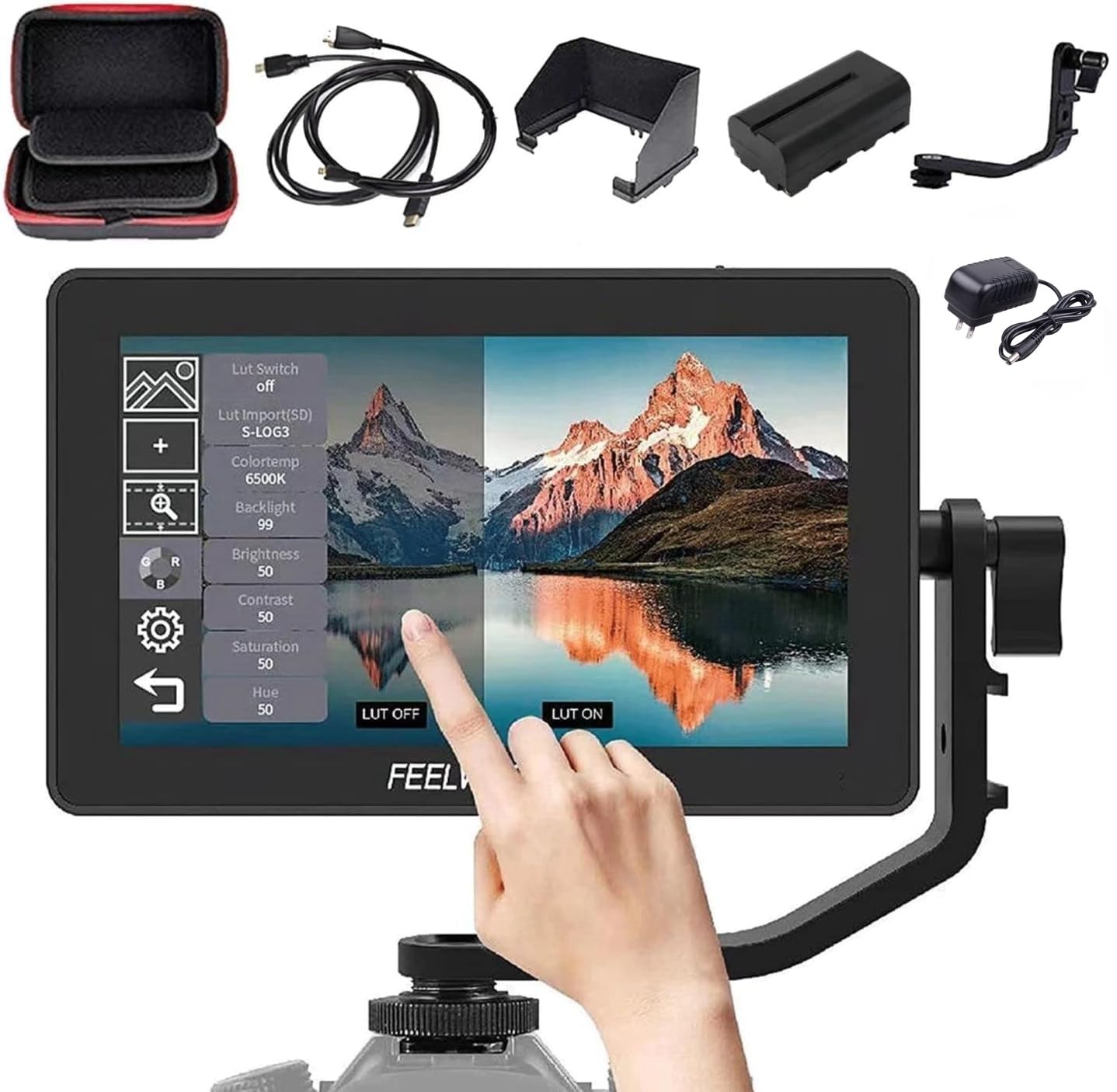 Feelworld F6 Plus V2 Camera Monitor 4K HDMI 1920x1080 6 Inch 3D LUT Touch Screen IPS FHD Support Field Monitor On DSLR IncludeTilt Arm And Adapter 12V (F6 Plus 5.5'' With Battery And Charger)