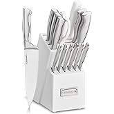 Cuisinart Professional Block Knife Set, 15pc Cutlery Knife Set with Steel Blades for Precise Cutting, Lightweight, Stainless Steel Durable & Dishwasher Safe, White