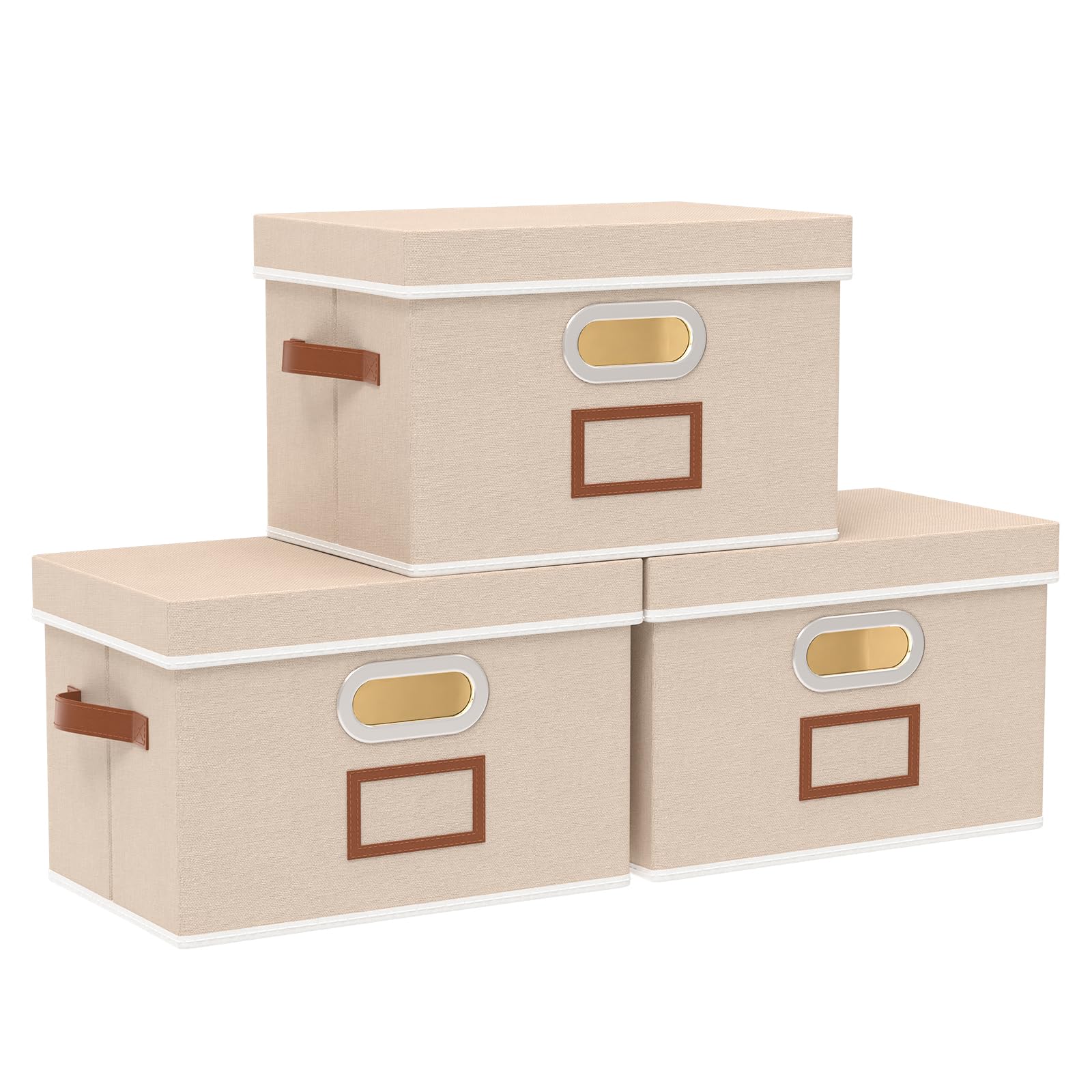 OUTBROS Storage Boxes, Fabric Baskets with Lids, Foldable Organiser Containers for Shelves, Cube Decorative Bins with Handle, 38 x 25 x 25 cm, Beige, 3-Pack — image 1