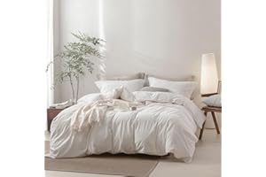 BDEAR Linen Feel Duvet Cover King Size, 100% Washed Cotton Comforter Cover Size 104 * 90inch with Zipper Closure and 2 Pillowcases, Solid-Off White