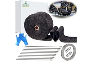 PANDURE MODERN LIVING CONCEPT Exhaust Heat Wrap Roll for Motorcycle Auto Titanium Fiberglass Heat Shield Tape with Stainless Hose Clamp Ties (Black, 2" x 50')