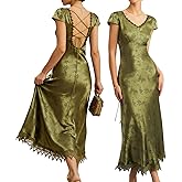 RIHOAS Women's Green Satin Elegant Midi Dress - Formal Semi Formal Cocktail Party Wedding Guest Date Night Dress