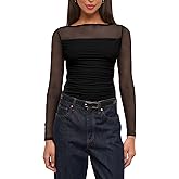 Oumrdeo Womens Mesh Sheer Tops Long Sleeve V Neck Sexy See Through Shirts Lace Floral Blouses Y2k Layering Top