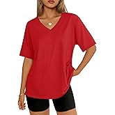 YUCOLEN Oversized Tshirts for Women Cotton V Neck Short Sleeve Loose Fit Tees Summer UPF 50+ Casual Soft Workout Tops