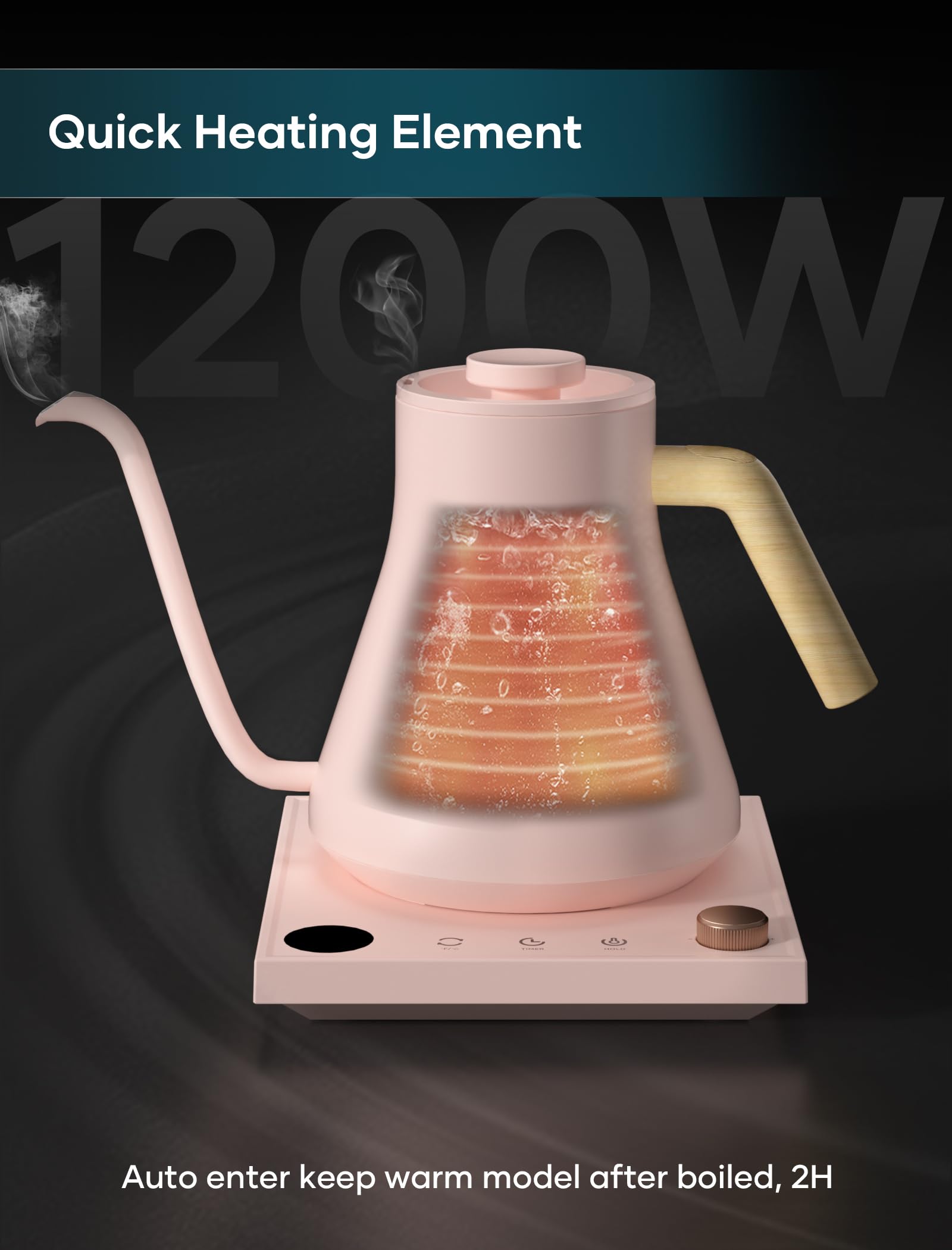 INTASTING Hervidores eléctricos, hervidor eléctrico de cuello de cisne, control de temperatura ±1 ℉, interior de acero inoxidable, calentamiento rápido, para verter sobre café, preparar té, hervir agua caliente, 0,9 L rosa