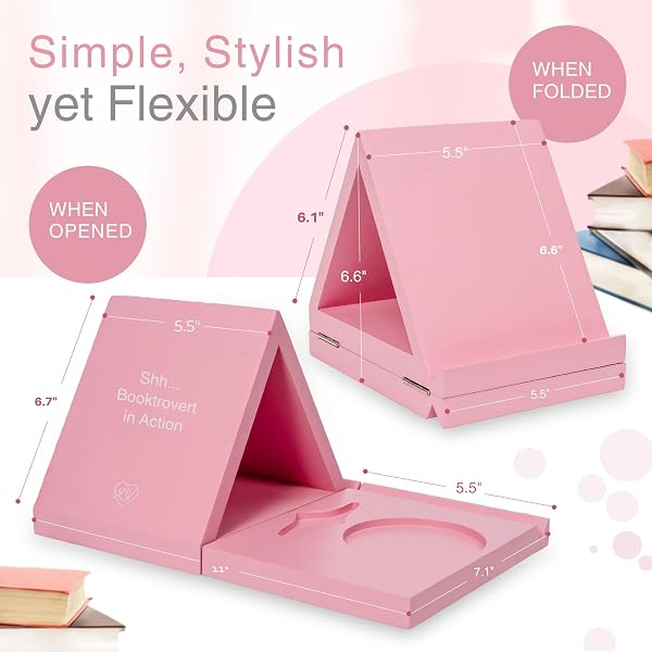 WOODEN TRIANGLE BOOK REST WITH CUP HOLDER, BOOK NOOK READING VALET, GIFTS FOR BOOK LOVERS WOMEN, FOLDABLE NO ASSEMBLY REQUIRED, KINDLE HOLDER, INCLUDES FREE PAGE HOLDER (PINK)