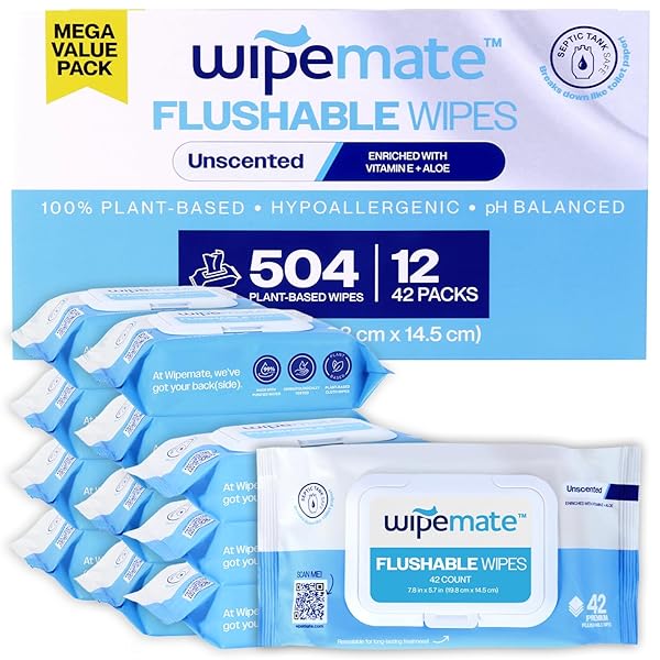 WIPEMATE ULTRA FLUSHABLE BUTT WIPES, SOOTHING VITAMIN E & ALOE, 99% WATER, UNSCENTED PREMIUM SUPER SOFT HYGIENE WIPES, SEPTIC & SEWER SAFE, 12 PREMIUM FLIP-TOP PACKS, 42 WIPES PER PACK (504) COUNT