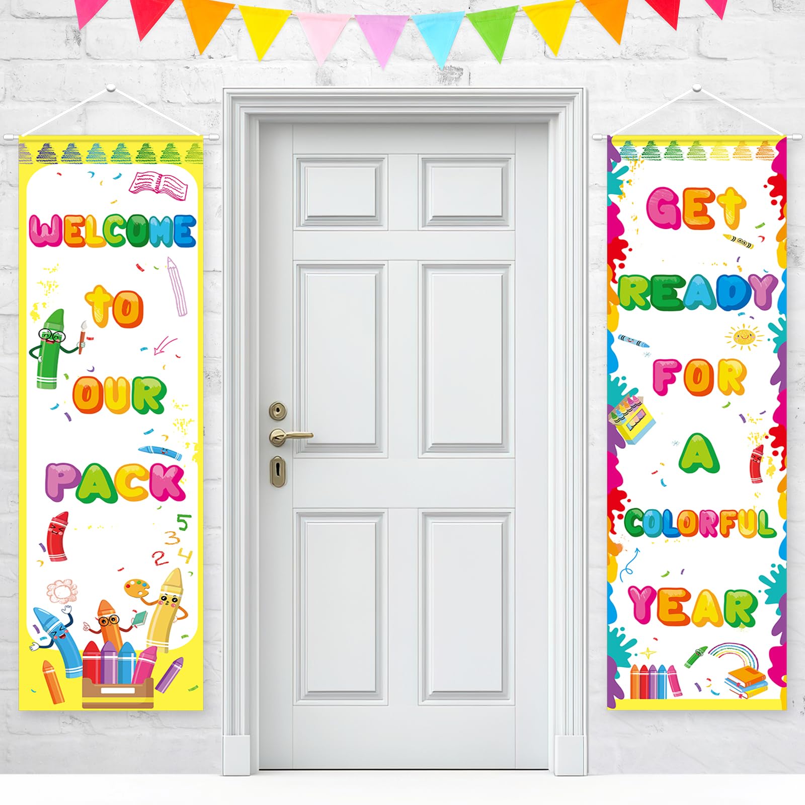 Photo 1 of 2Pcs Crayon Welcome Classroom Banner Decorations Welcome to Our Pack Wall Art Decor Colorful Crayons Hanging Porch Signs for First Day of School Back to School Classroom Party Celebration