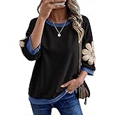 Dokotoo Women's Oversized 3/4 Sleeve Sweatshirt Floral Patch Crewneck Pullover Casual Tops
