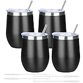 YEBTS Life 12oz/4 Pack Wine Tumbler Glasses with Lid Stemless Double Wall Vacuum Stainless Steel Travel Tumbler Keeping Cold & Hot for Wine,Coffee,Cocktails,Drinks-Family and Gifts (Black)